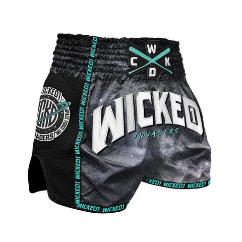 Short de boxe thaï Wicked One Invaders, noir et turquoise