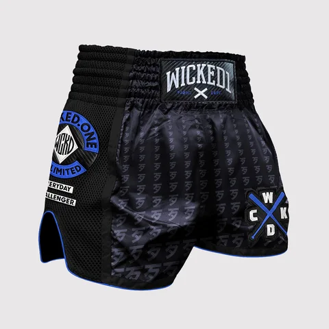 Short de boxe thaï Wicked One Infinitit, noir et bleu