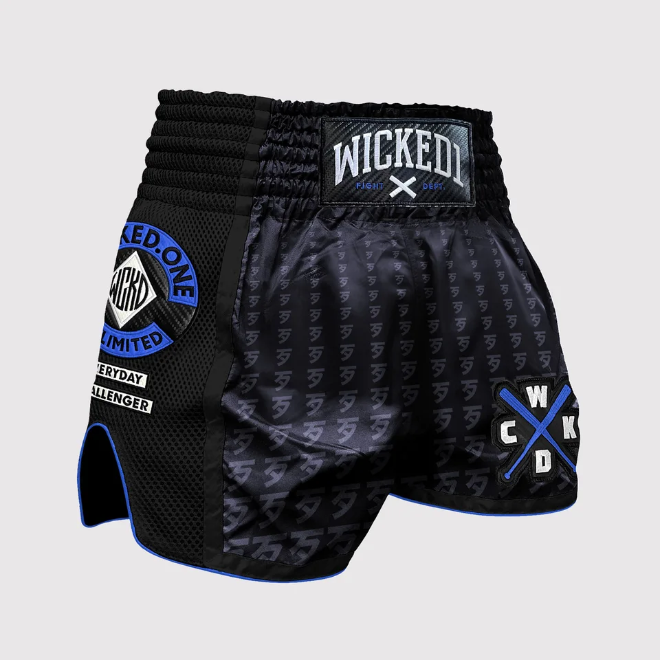 Short de boxe thaï Wicked One Infinitit, noir et bleu
