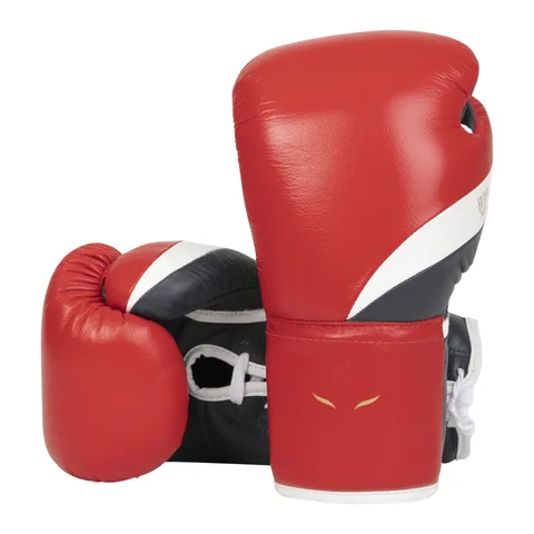 Gants de boxe à lacets Elion Elegant, cuir rouge, blanc et bleu