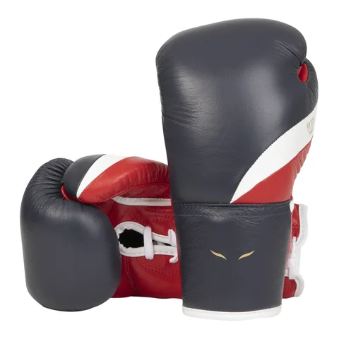 Gants de boxe à lacets Elion Elegant, cuir bleu, blanc et rouge