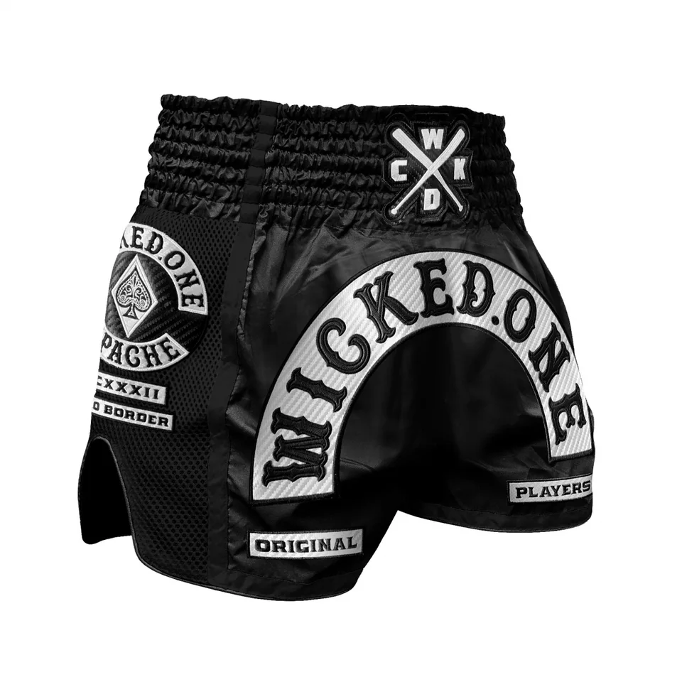 Short de boxe thaï Wicked One Apache, noir et blanc