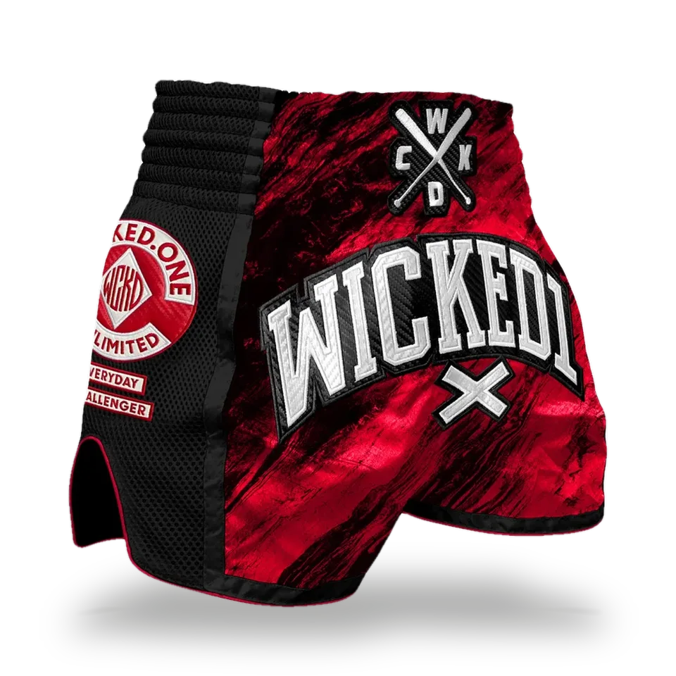 Short de boxe thaï Wicked One Conflict, noir et rouge
