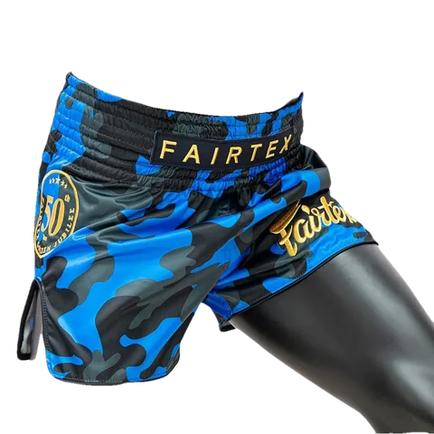 Short de boxe thaï Fairtex Golden Jubilee Solid, bleu et camo
