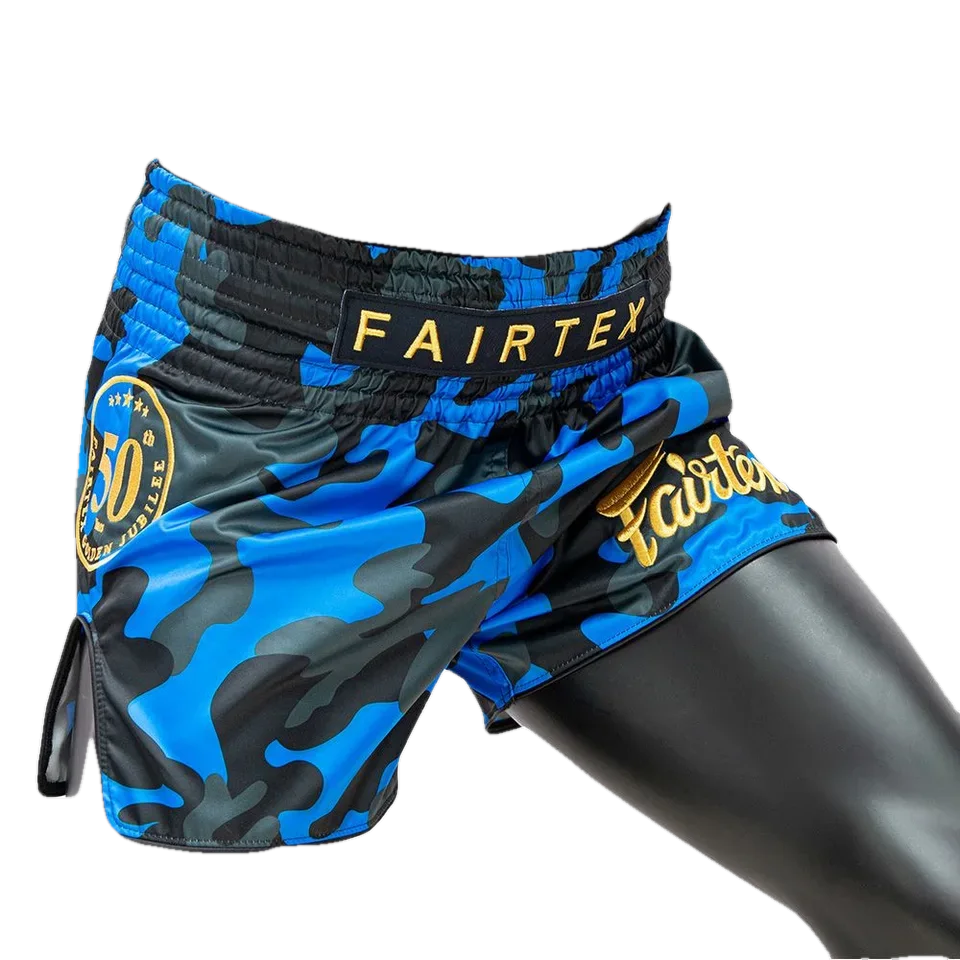 Short de boxe thaï Fairtex Golden Jubilee Solid, bleu et camo
