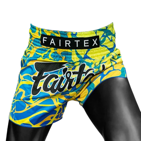 Short de boxe thaï Fairtex Magma, jaune et bleu