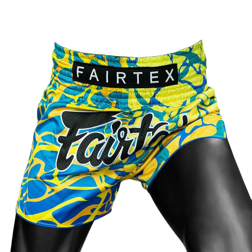 Short de boxe thaï Fairtex Magma, jaune et bleu