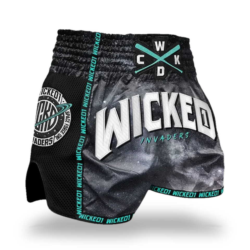 Short de boxe thaï Wicked One Invaders, noir et turquoise