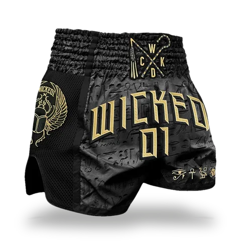 Short de boxe thaï Wicked One Pharao, noir et or