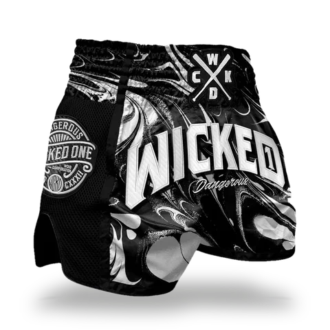Short de boxe thaï Wicked One Dangerous, noir et blanc
