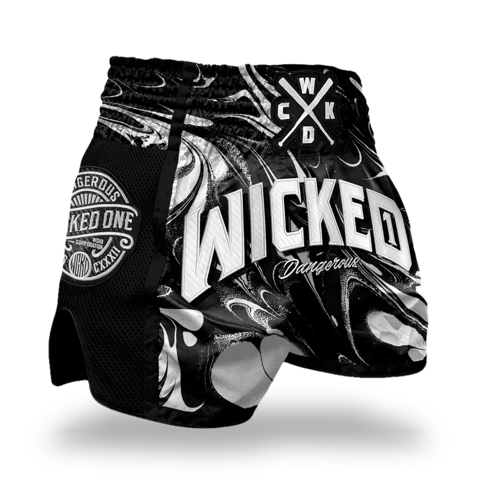 Short de boxe thaï Wicked One Dangerous, noir et blanc