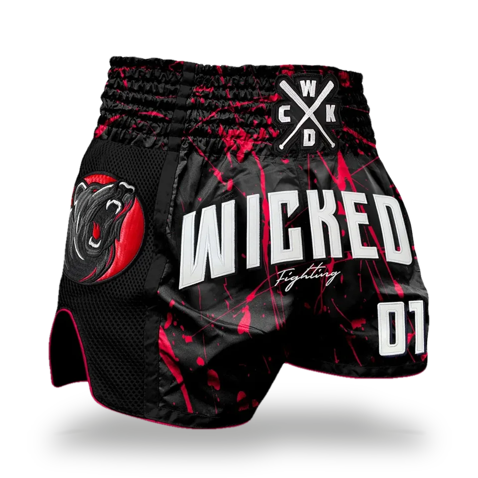 Short de boxe thaï Wicked One Bad Bear, noir et rouge