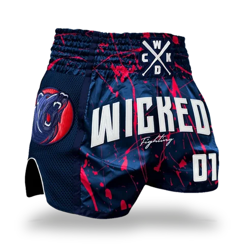 Short de boxe thaï Wicked One Bad Bear, bleu marine et rouge