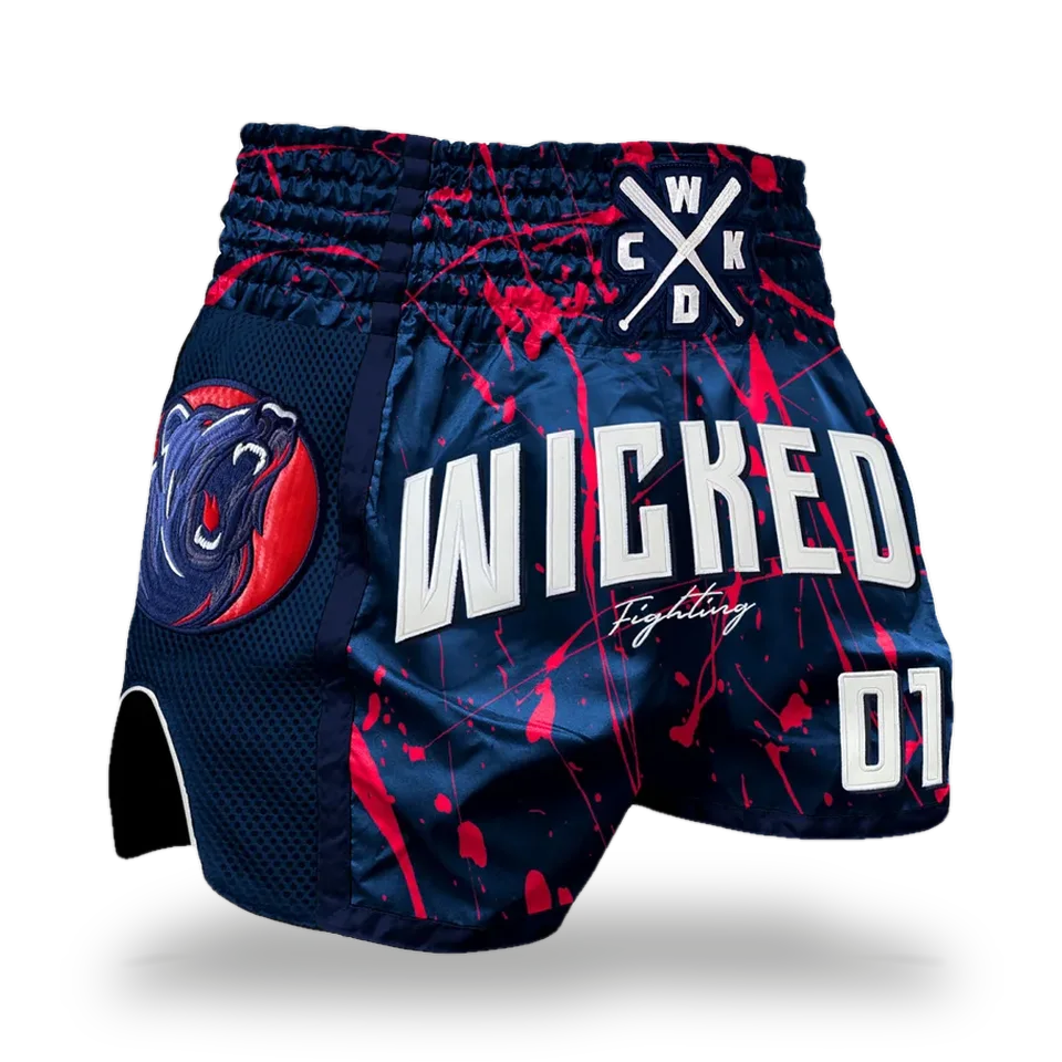 Short de boxe thaï Wicked One Bad Bear, bleu marine et rouge