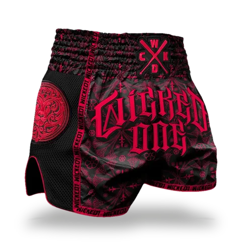 Short de boxe thaï Wicked One Kingdom, rouge et noir