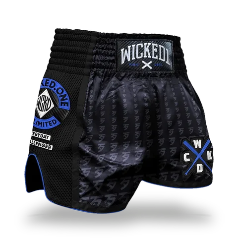 Short de boxe thaï Wicked One Infinitit, noir et bleu