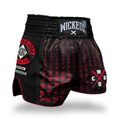 Short de boxe thaï Wicked One Infinitit, noir et rouge
