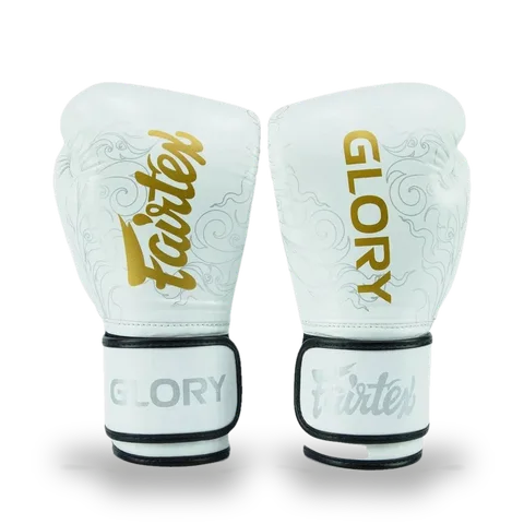 Gants de boxe d’entraînement Fairtex × Glory, blanc et argent