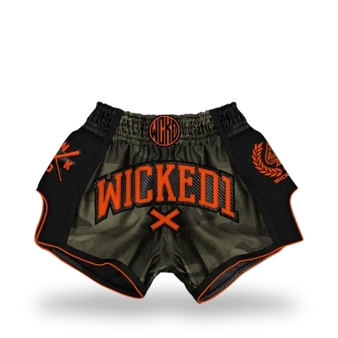 Short de boxe thaï Wicked One MT Kick, camo et kaki
