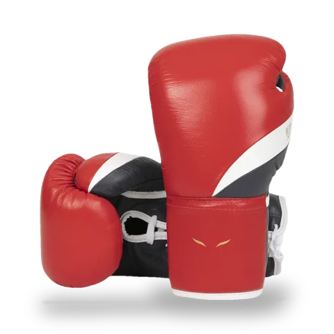 Gants de boxe à lacets Elion Elegant, cuir rouge, blanc et bleu