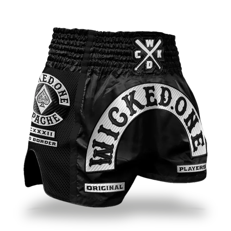 Short de boxe thaï Wicked One Apache, noir et blanc