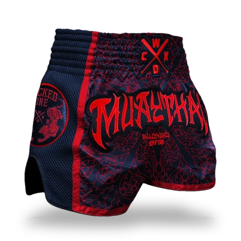 Short de boxe thaï Wicked One Khao, bleu marine et rouge
