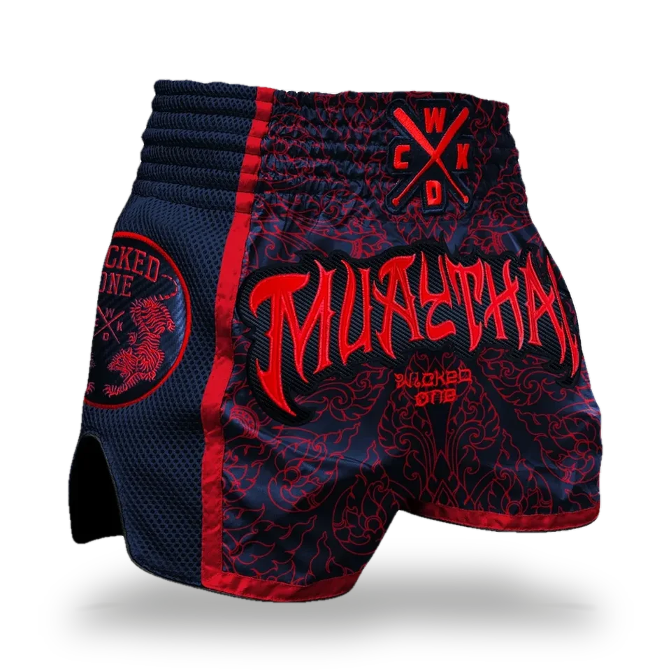 Short de boxe thaï Wicked One Khao, bleu marine et rouge